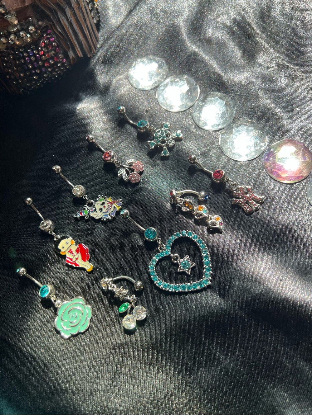 9 Piece Assorted Teal Crystal Heart & Charm Belly Rings - Women Jewelry
